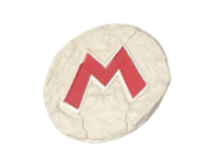 The classic red letter "m" representing Mario, within a white bumpy circle